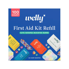Welly caja frontal del repuesto 100 unidades mostrando contenido organizado y lista para rellenar botiquines