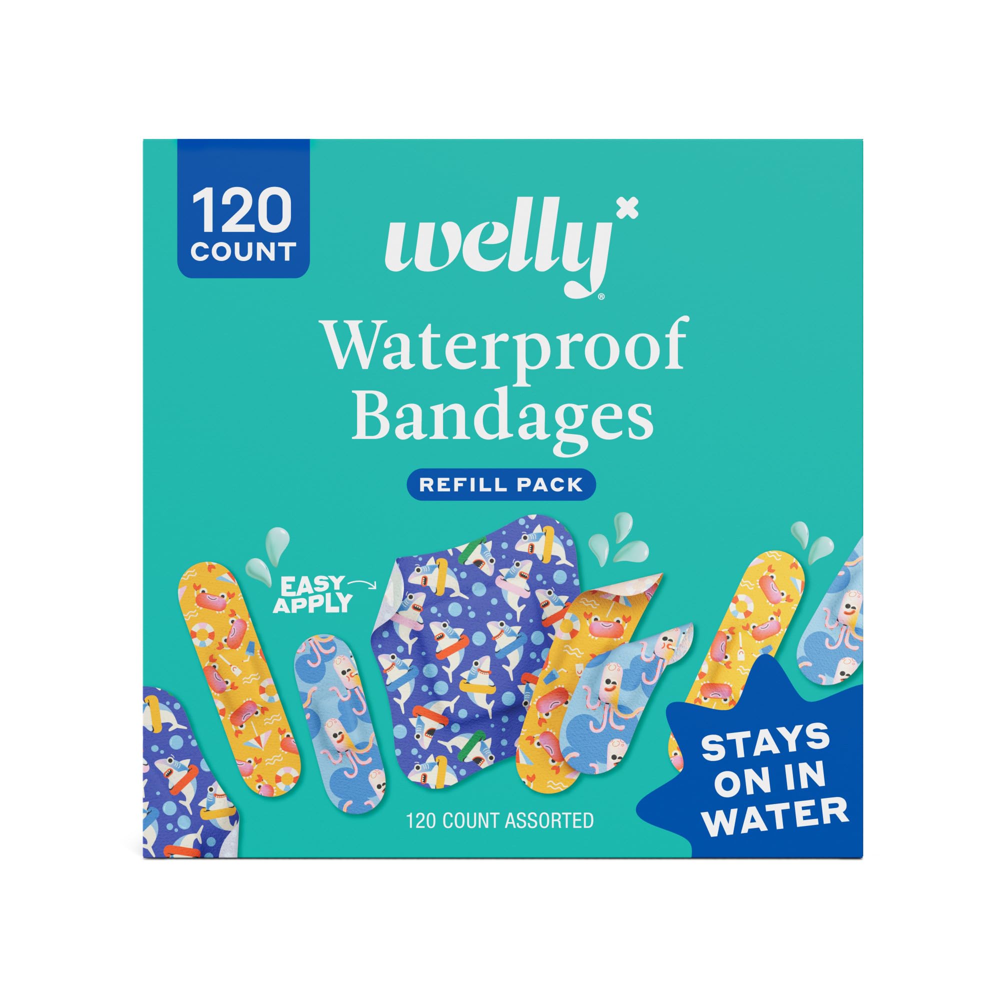 Welly paquete frontal Ocean Friends mostrando 120 apósitos y beneficios impermeables