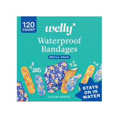Welly paquete frontal Ocean Friends mostrando 120 apósitos y beneficios impermeables