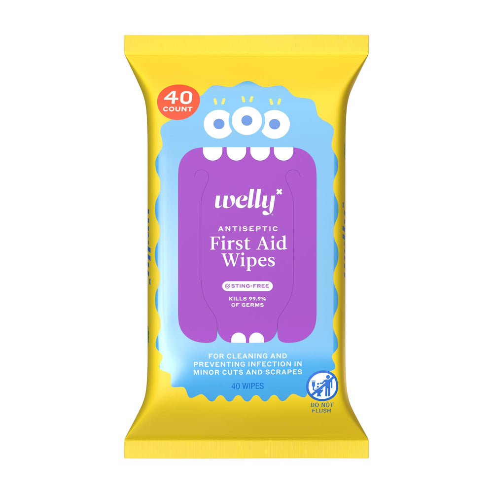 Welly empaque frontal compacto y resellable mostrando 40 toallitas para primeros auxilios
