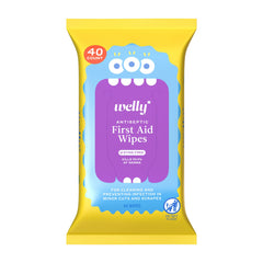 Welly empaque frontal compacto y resellable mostrando 40 toallitas para primeros auxilios