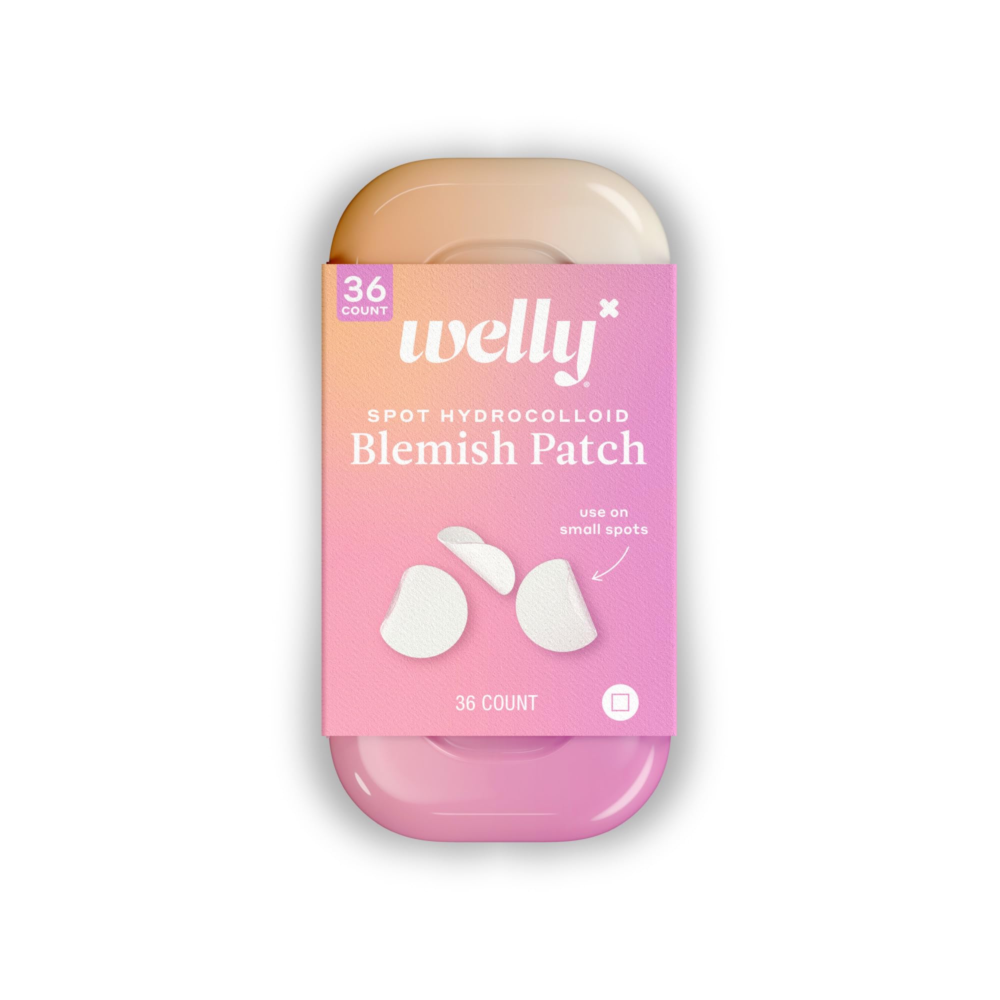 Welly frente del envase mostrando 36 parches y portabilidad