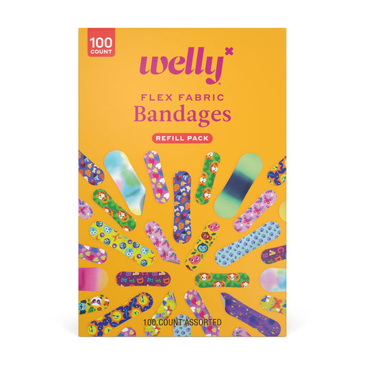 Welly paquete frontal con 100 apósitos mostrando variedad y conveniencia