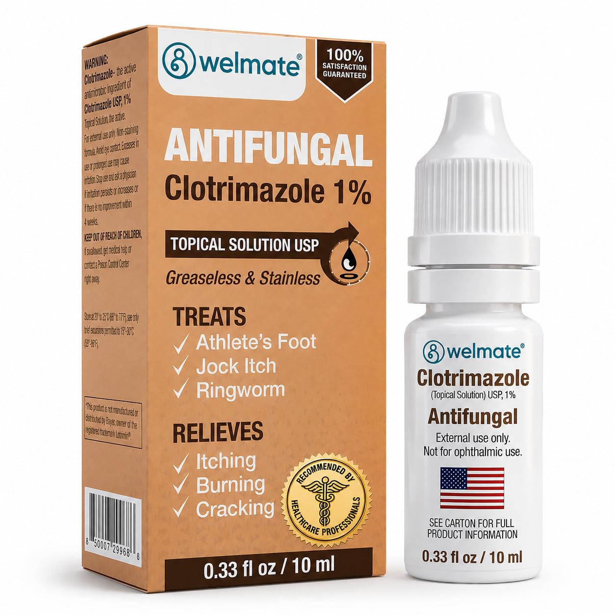 WELMATE tubo frontal mostrando la presentación de 10 mL y beneficios portátiles