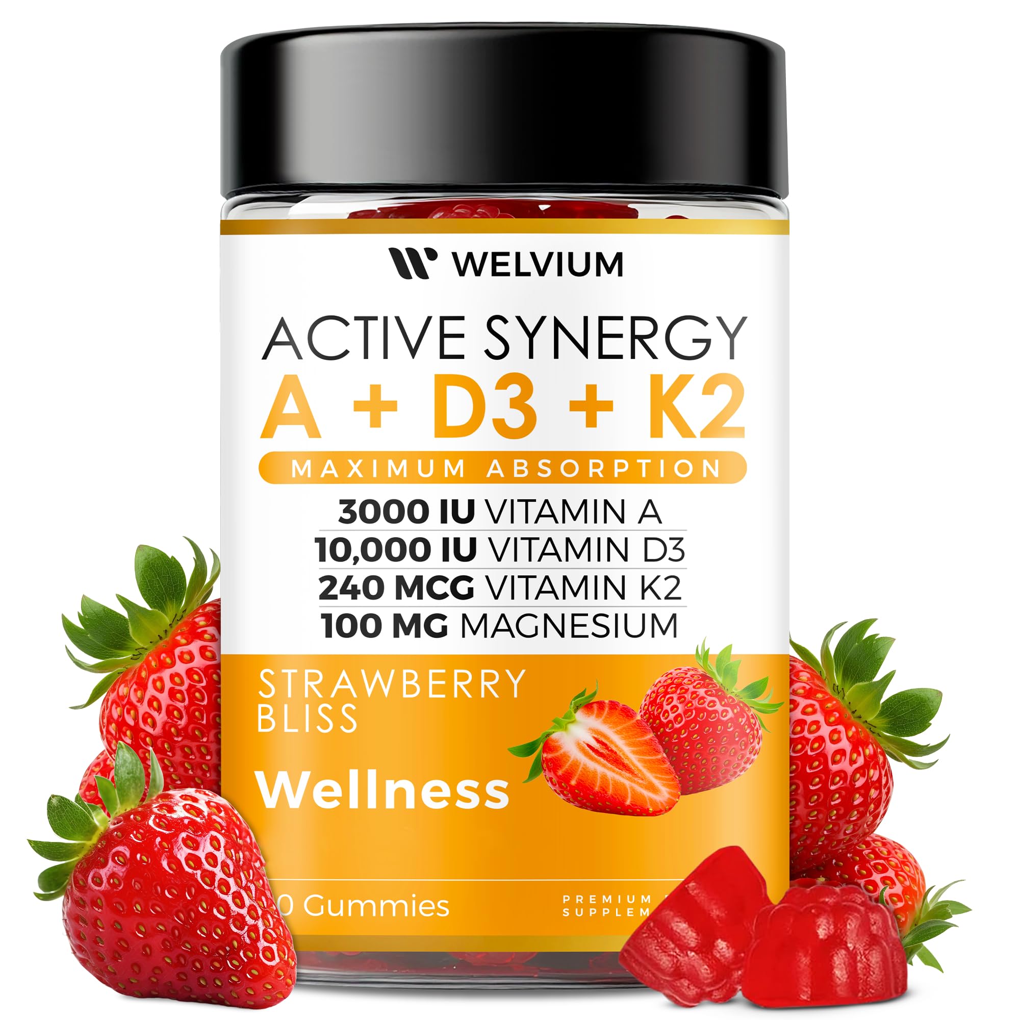 WELVIUM frasco frontal mostrando diseño y conteo, facilita identificación rápida