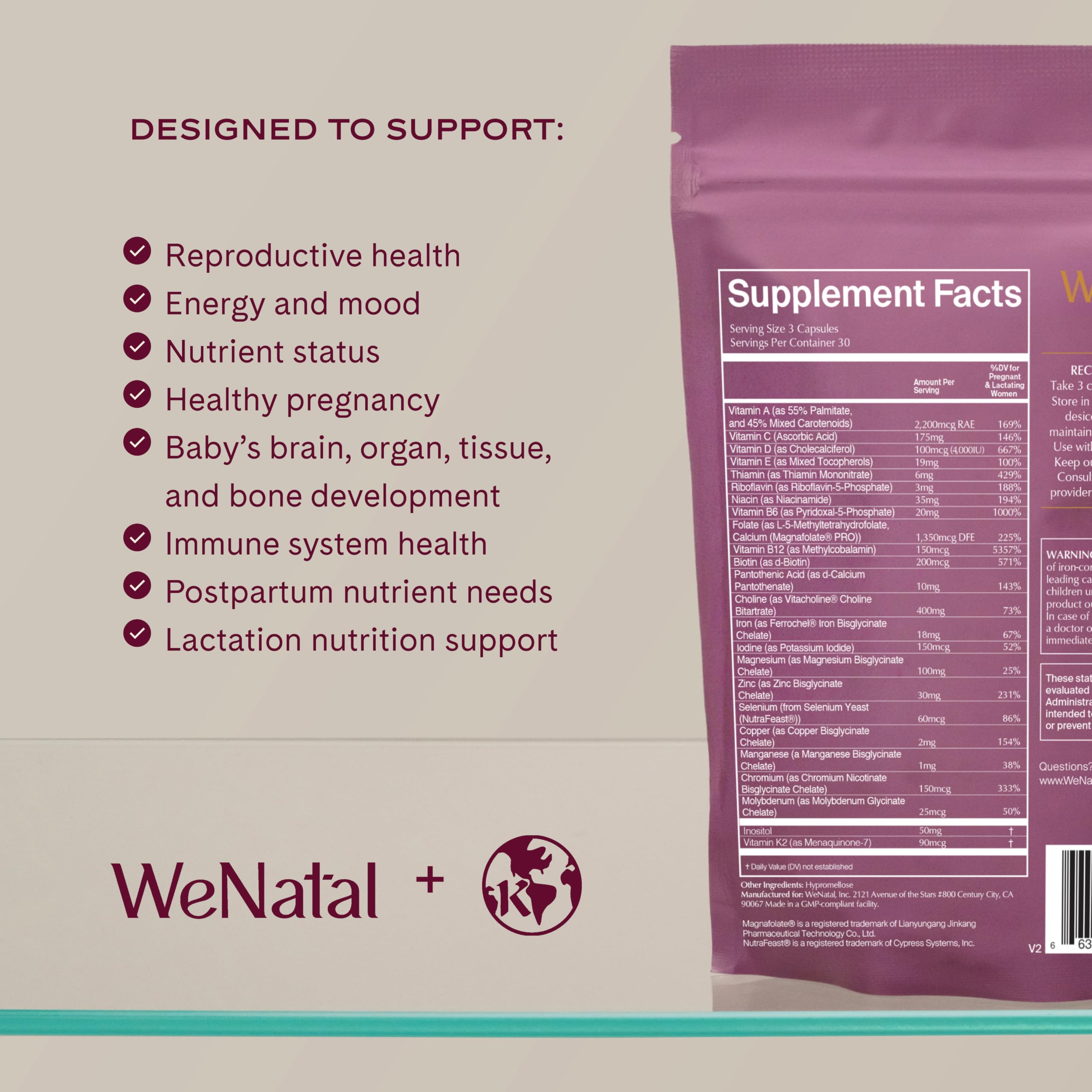 WeNatal etiqueta con lista de ingredientes activos y beneficios claros