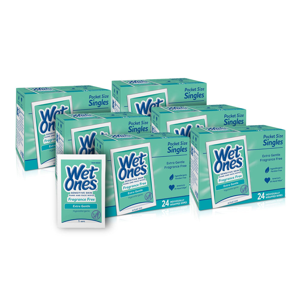 Wet Ones empaque frontal mostrando diseño y conveniencia para limpieza inmediata