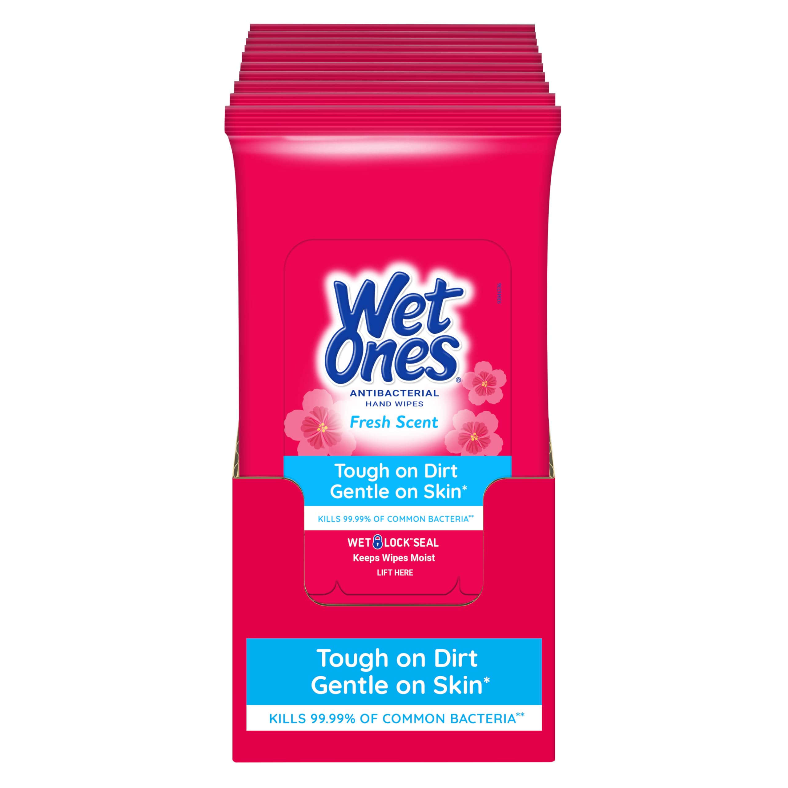 Wet Ones frente del empaque mostrando tamaño práctico y aroma fresco