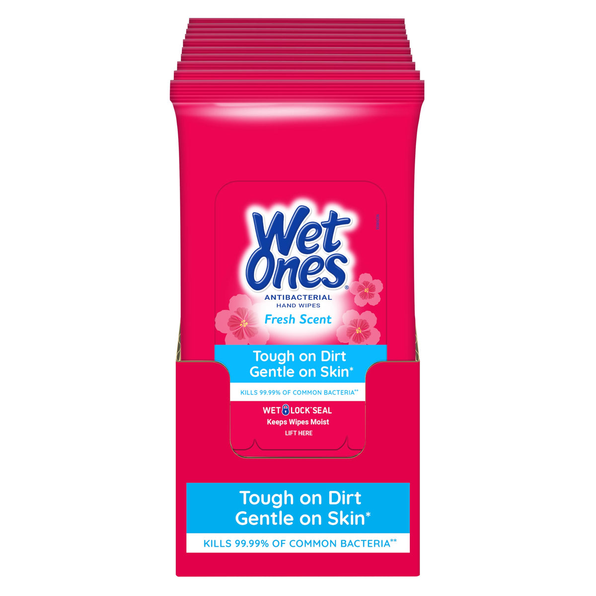 Wet Ones frente del empaque mostrando tamaño práctico y aroma fresco