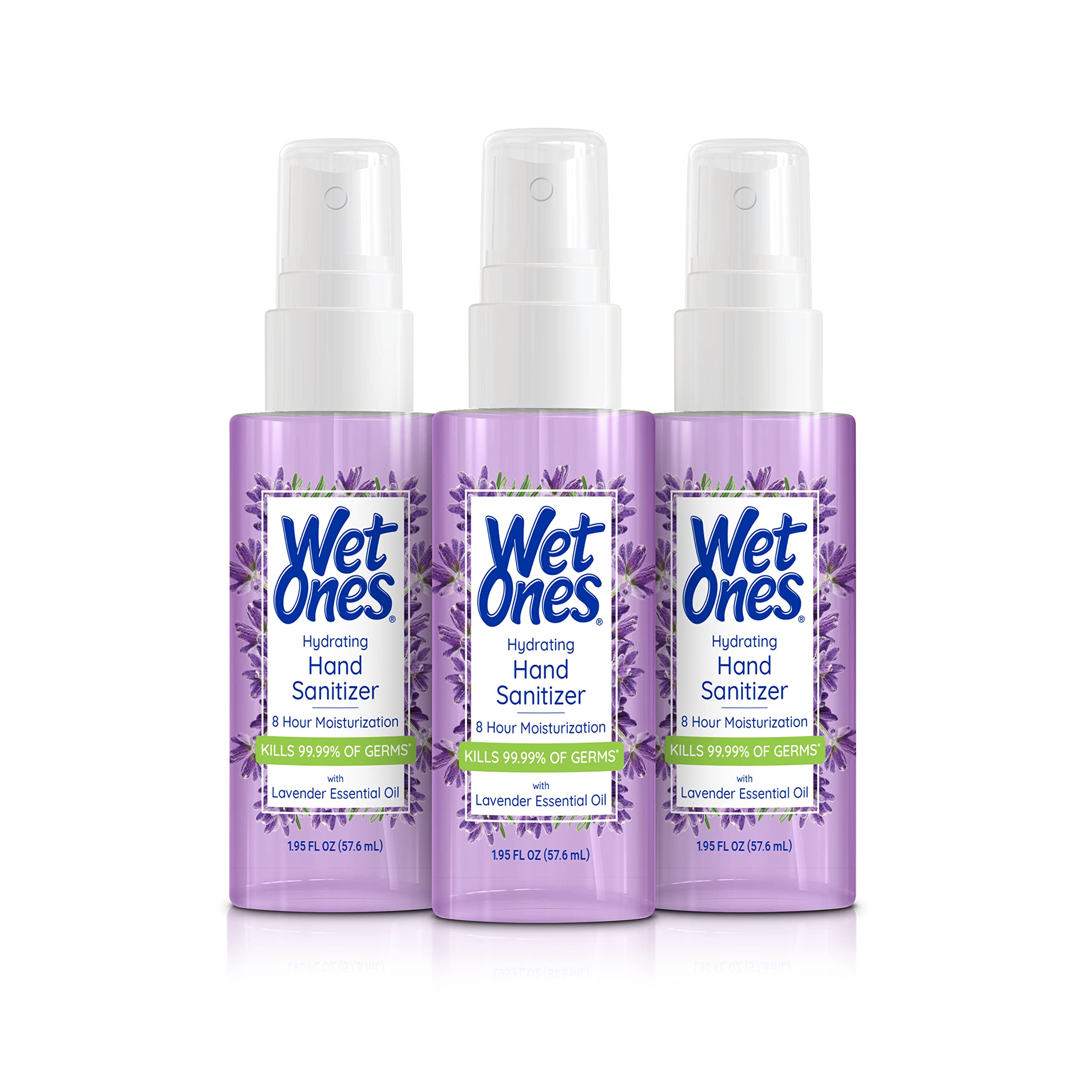 Wet Ones frente del envase lavanda mostrando tamaño portátil y beneficios