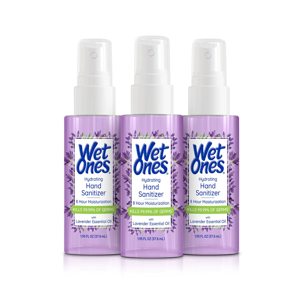 Wet Ones frente del envase lavanda mostrando tamaño portátil y beneficios