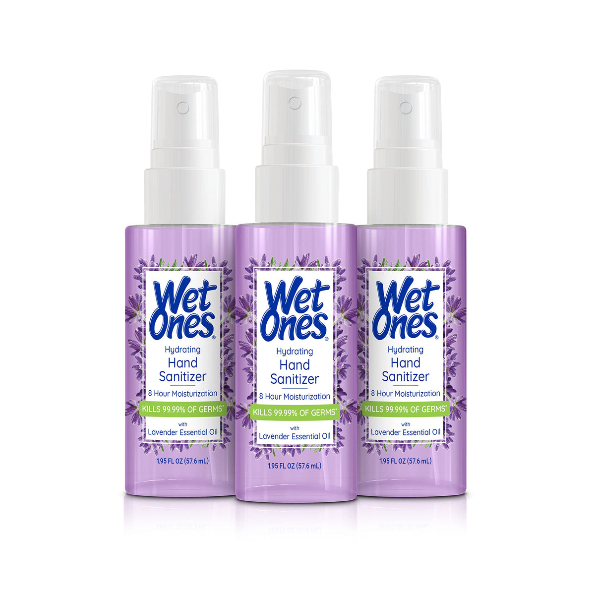Wet Ones frente del envase lavanda mostrando tamaño portátil y beneficios