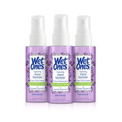 Wet Ones frente del envase lavanda mostrando tamaño portátil y beneficios