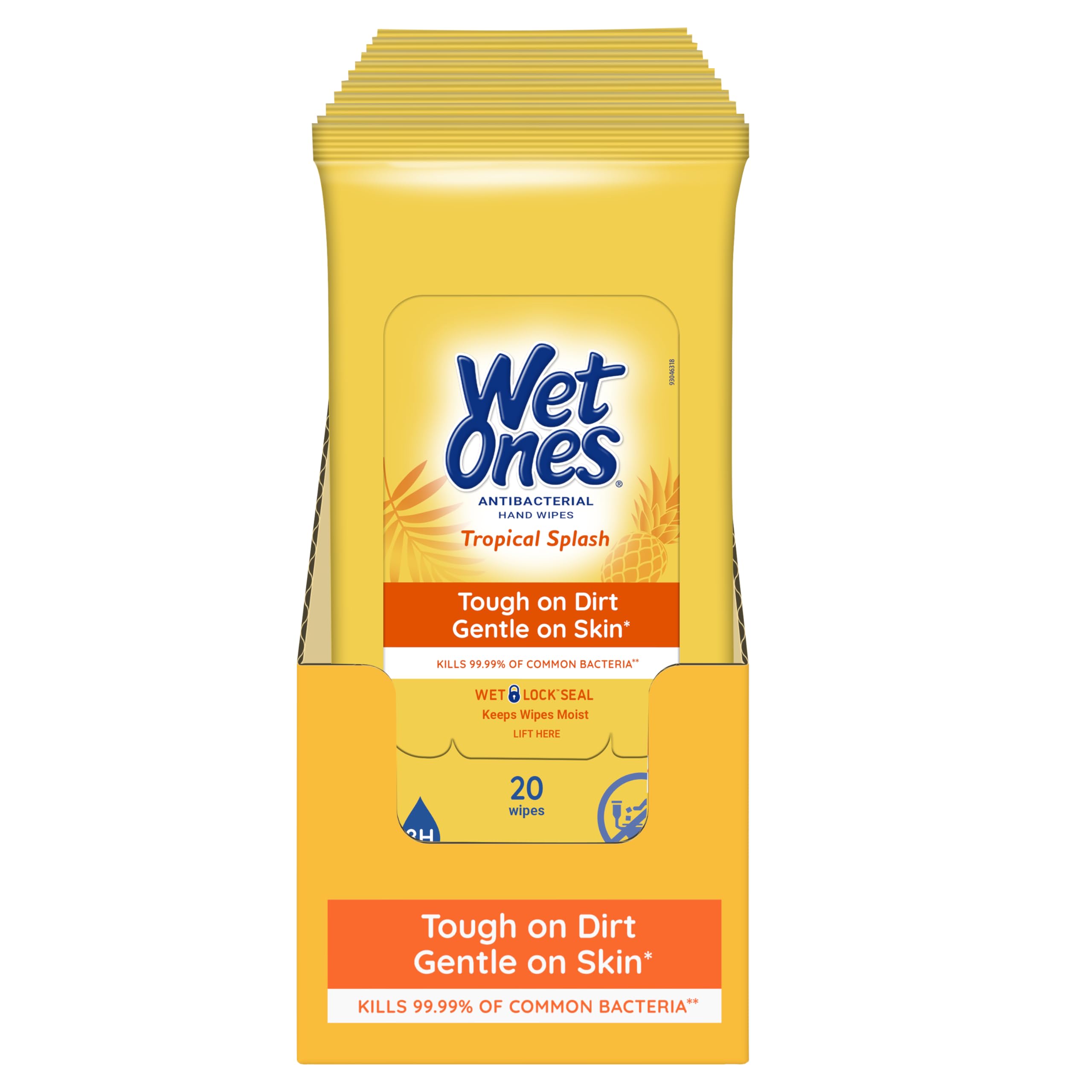 Wet Ones frente del paquete mostrando diseño y beneficio portátil
