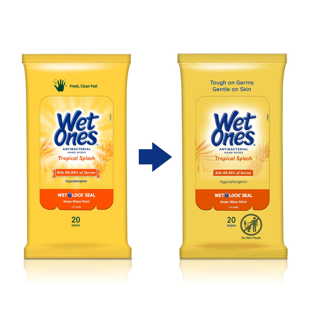 Wet Ones tamaño comparado con mano para evaluar portabilidad
