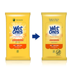 Wet Ones tamaño comparado con mano para evaluar portabilidad
