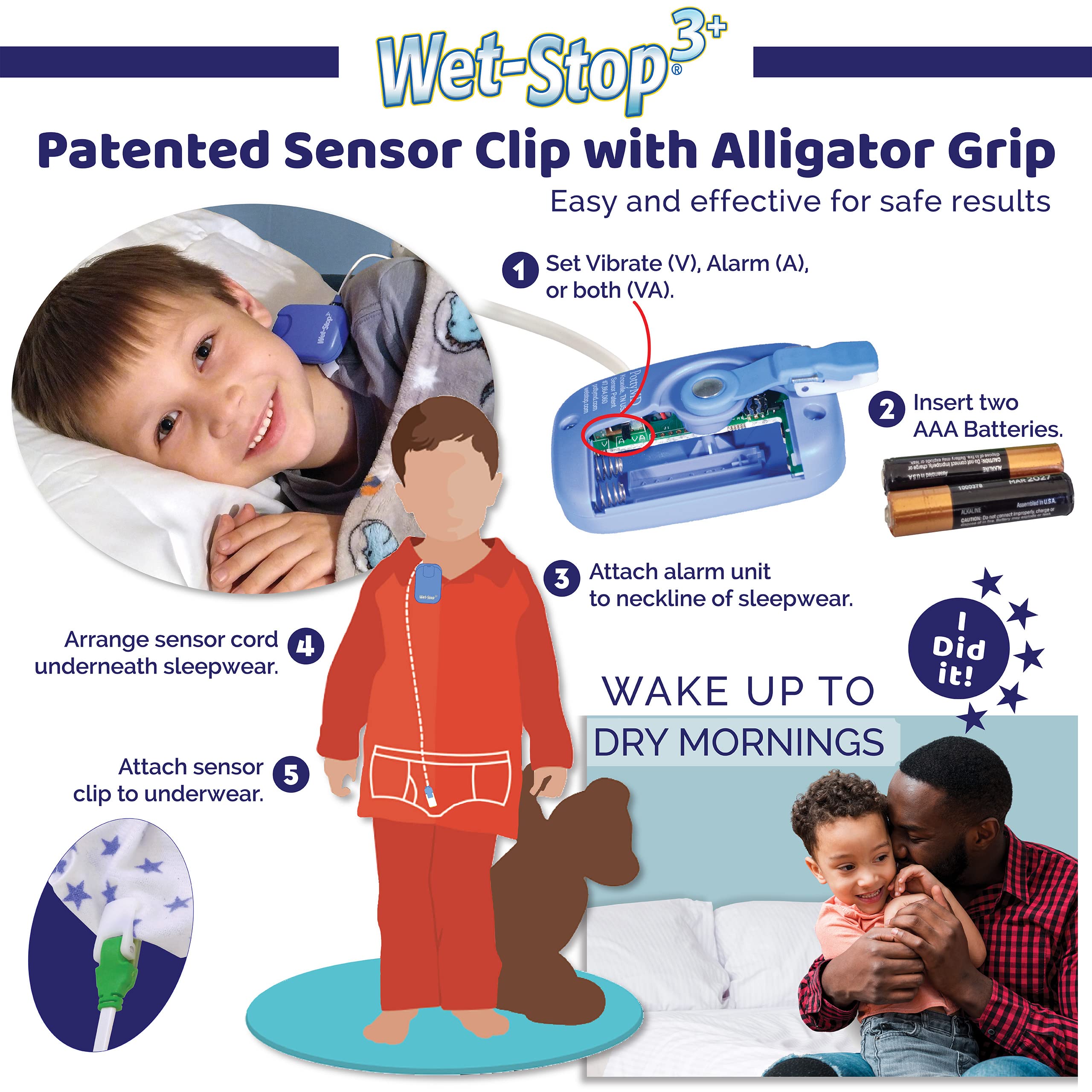 Wet-Stop en uso niño despierta con vibración y sonido efectivo