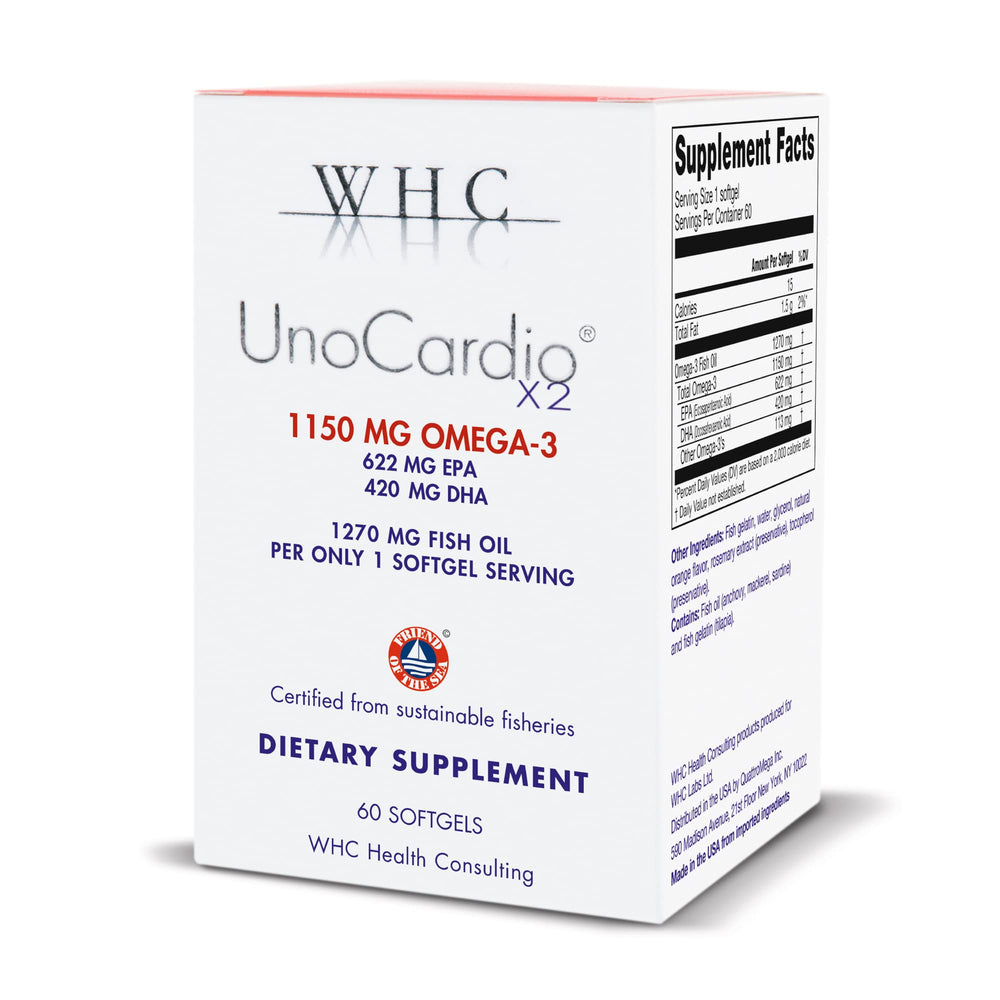 WHC frasco frontal mostrando 60 cápsulas y beneficio de concentración omega‑3
