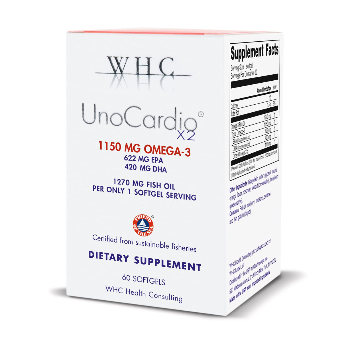 WHC frasco frontal mostrando 60 cápsulas y beneficio de concentración omega‑3