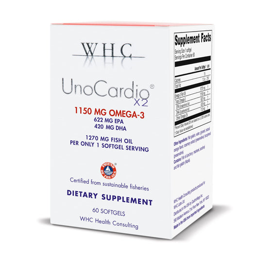 WHC frasco frontal mostrando 60 cápsulas y beneficio de concentración omega‑3