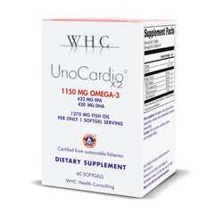WHC frasco frontal mostrando 60 cápsulas y beneficio de concentración omega‑3