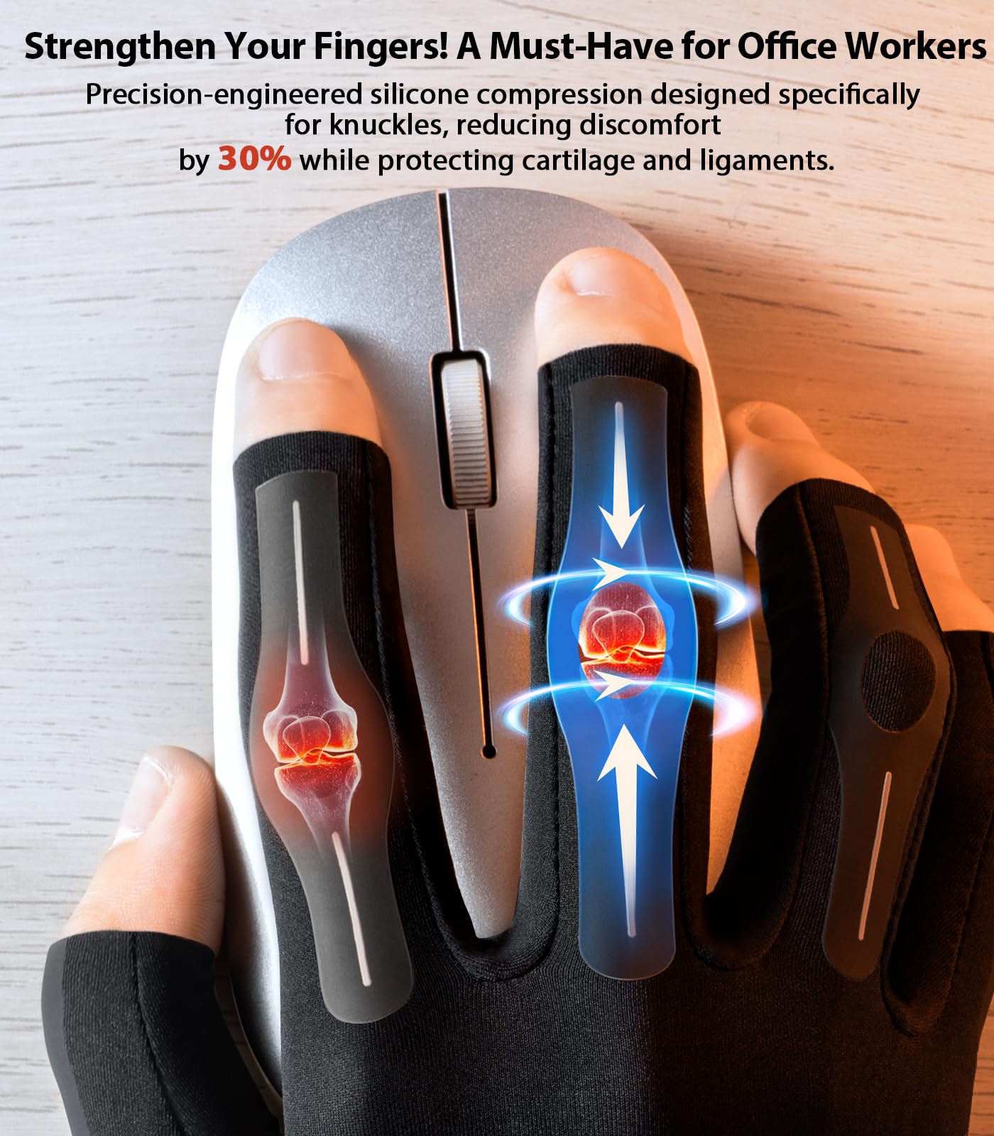WHCOOL guante en uso mientras se teclea, mejorando confort