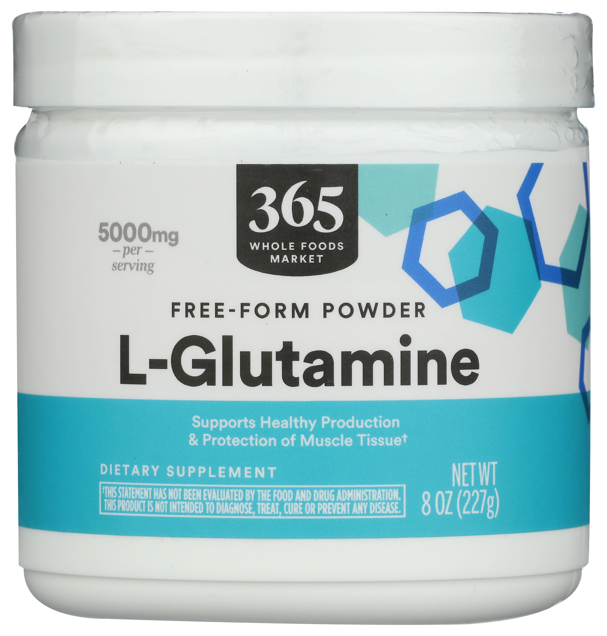 Whole Foods Market envase frontal de L-Glutamina 8 oz mostrando marca y formato práctico