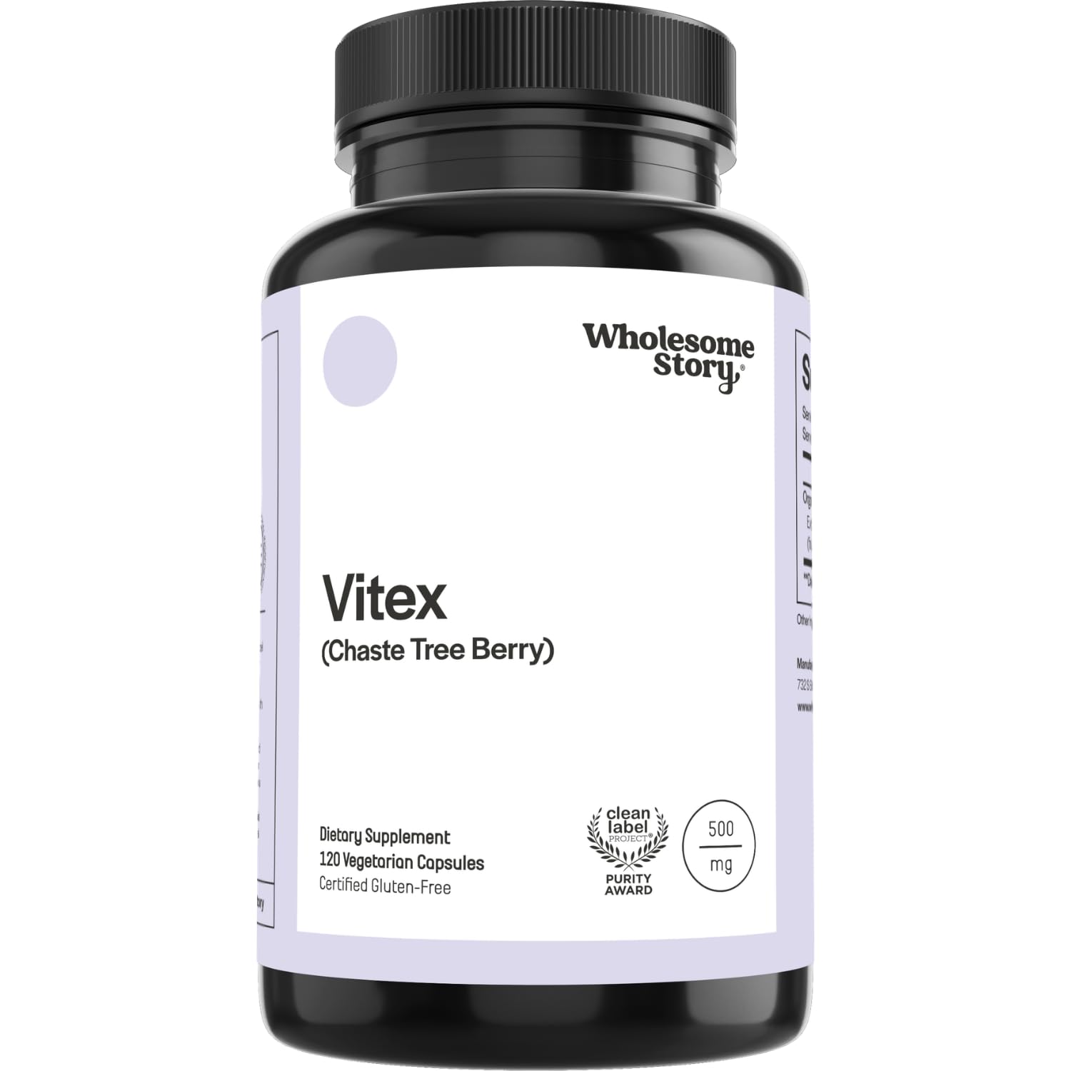 Wholesome Story frasco frontal mostrando 120 cápsulas y etiqueta clara