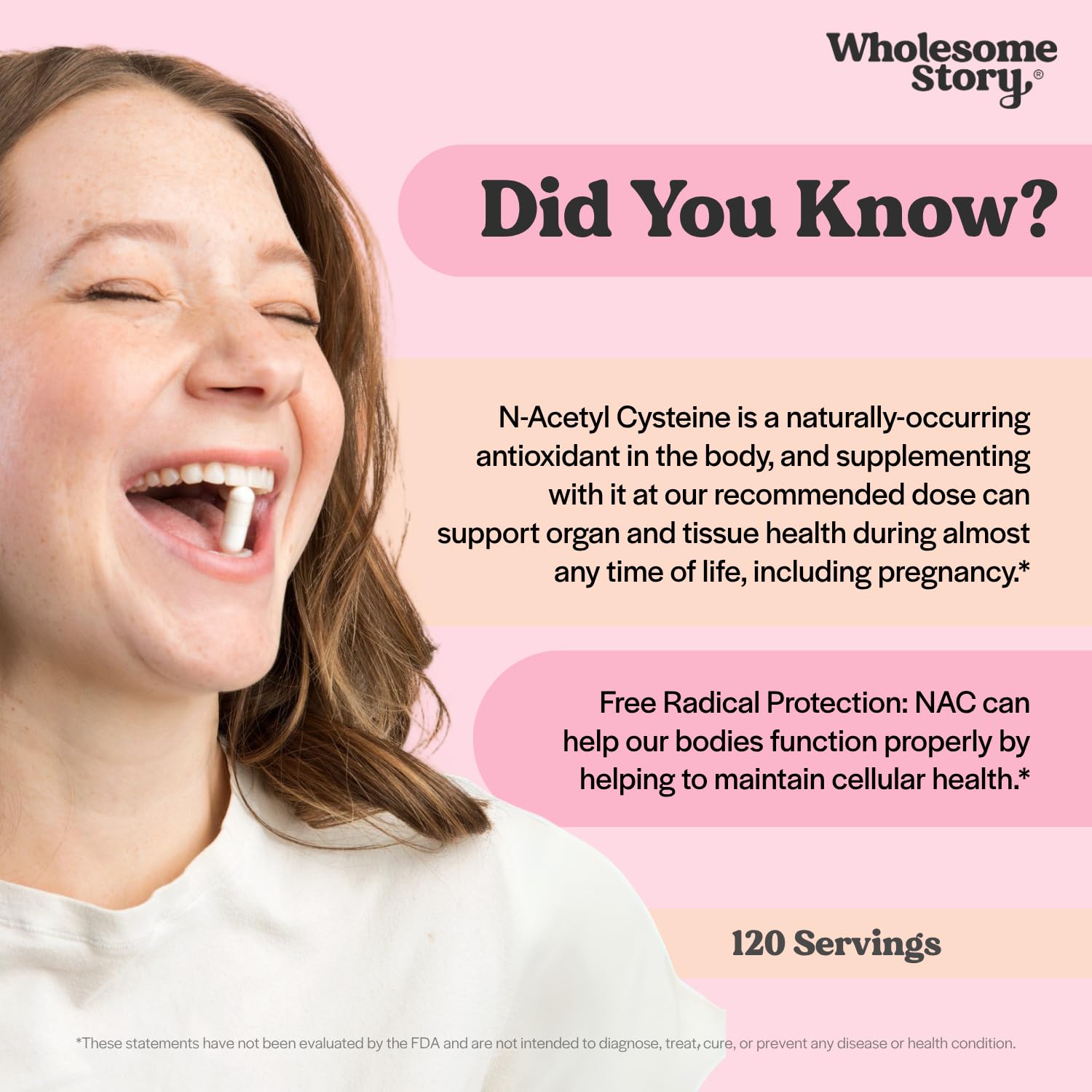 Wholesome Story cápsula junto a vaso de agua indicando toma diaria fácil