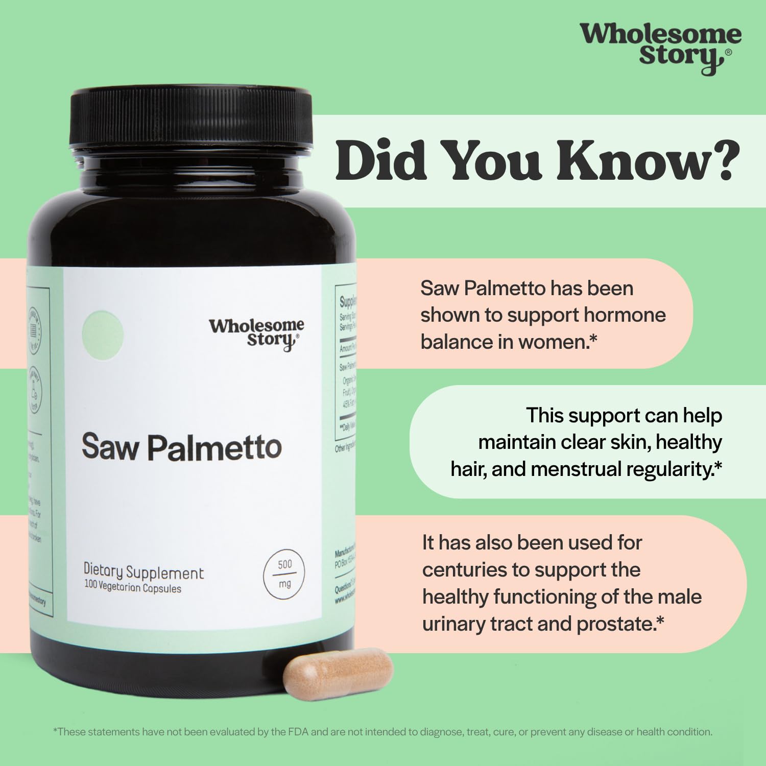 Etiqueta de ingredientes de Wholesome Story Saw Palmetto con información clara y beneficios