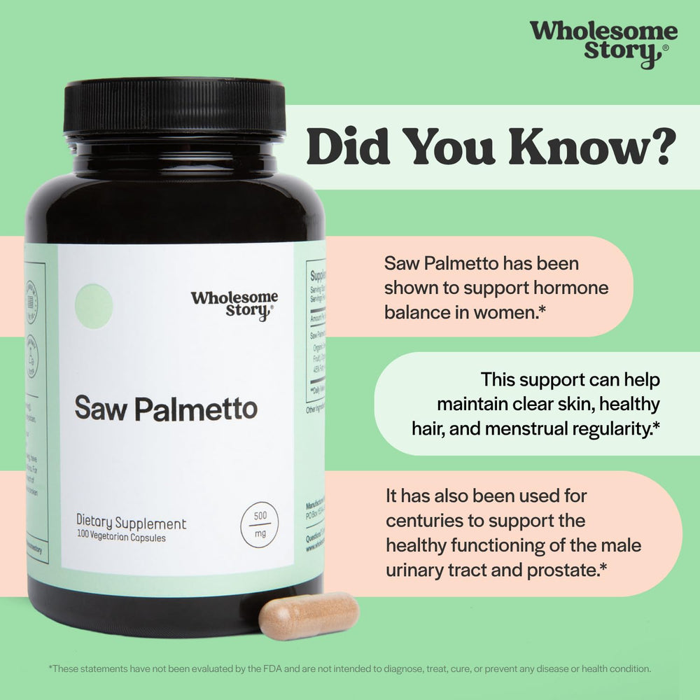 Etiqueta de ingredientes de Wholesome Story Saw Palmetto con información clara y beneficios