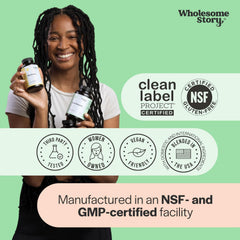 Sello Clean Label Project en frasco de Wholesome Story indicando pruebas de pureza