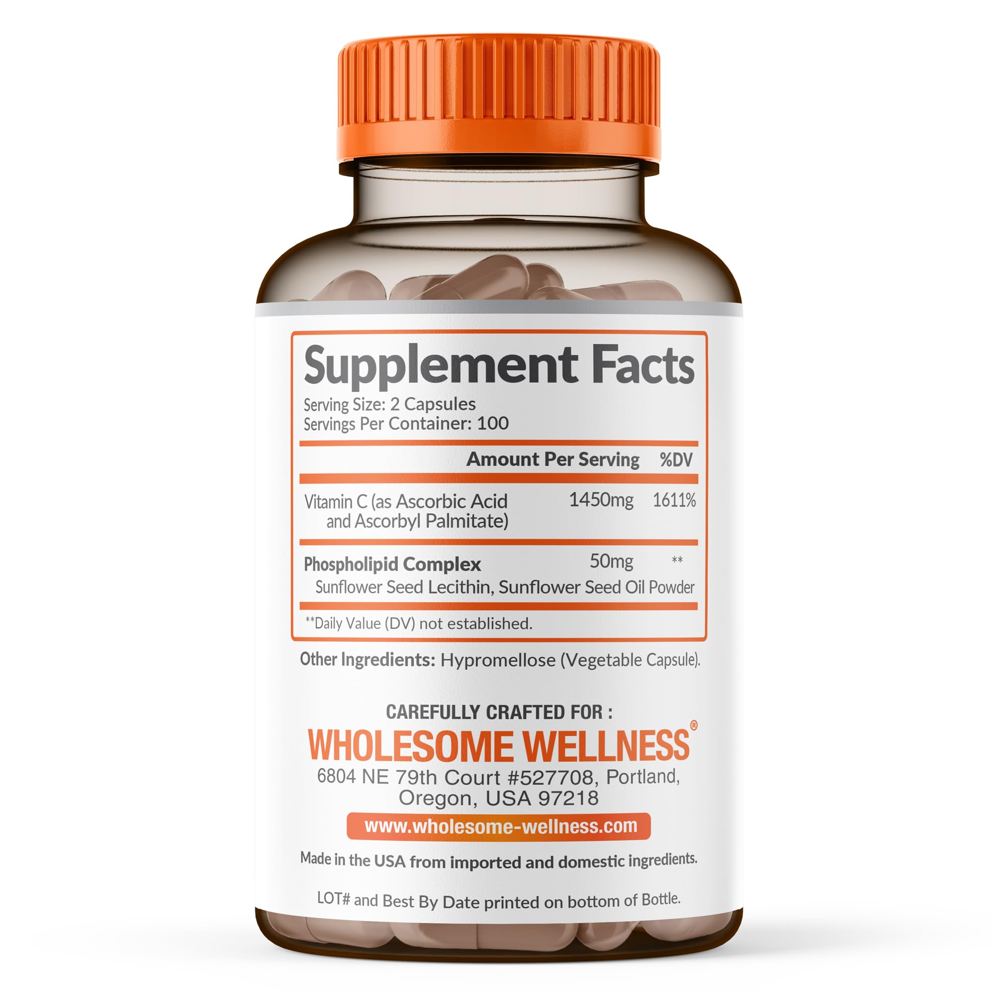 Wholesome Wellness etiqueta en detalle con información de dosis