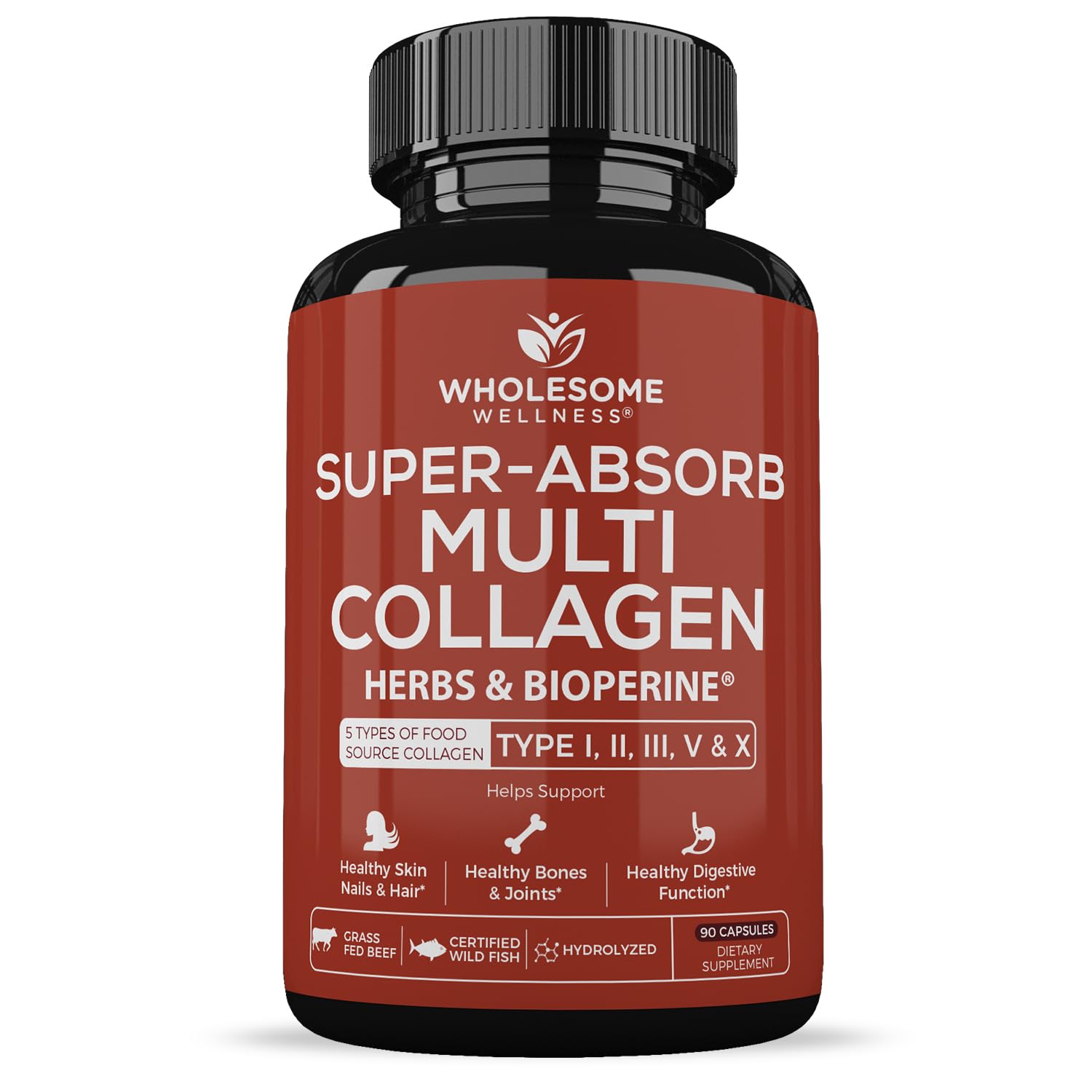Wholesome Wellness envase frontal mostrando 90 cápsulas y beneficios visibles