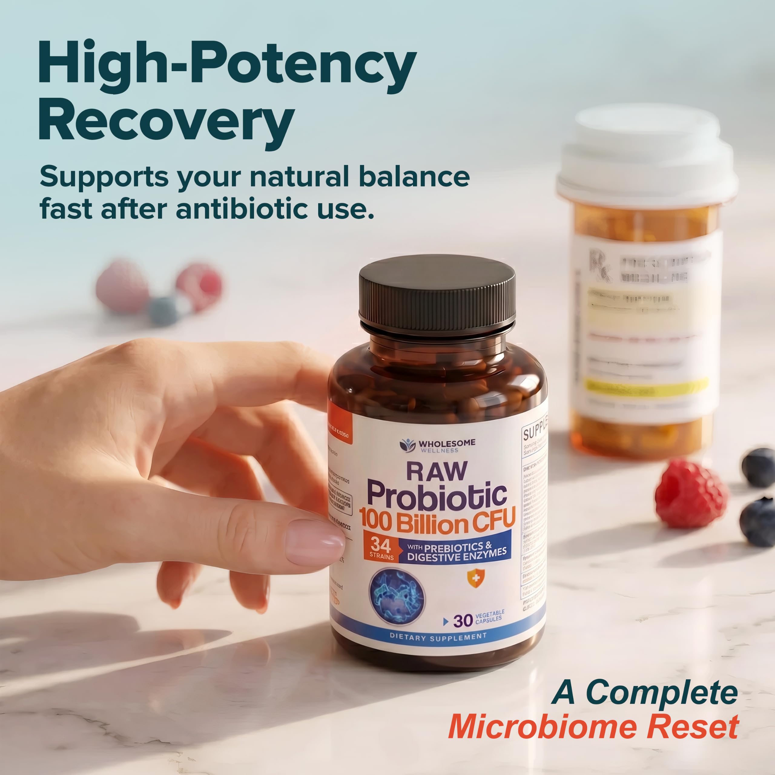 Wholesome Wellness etiqueta con listado de las 34 cepas probióticas visibles