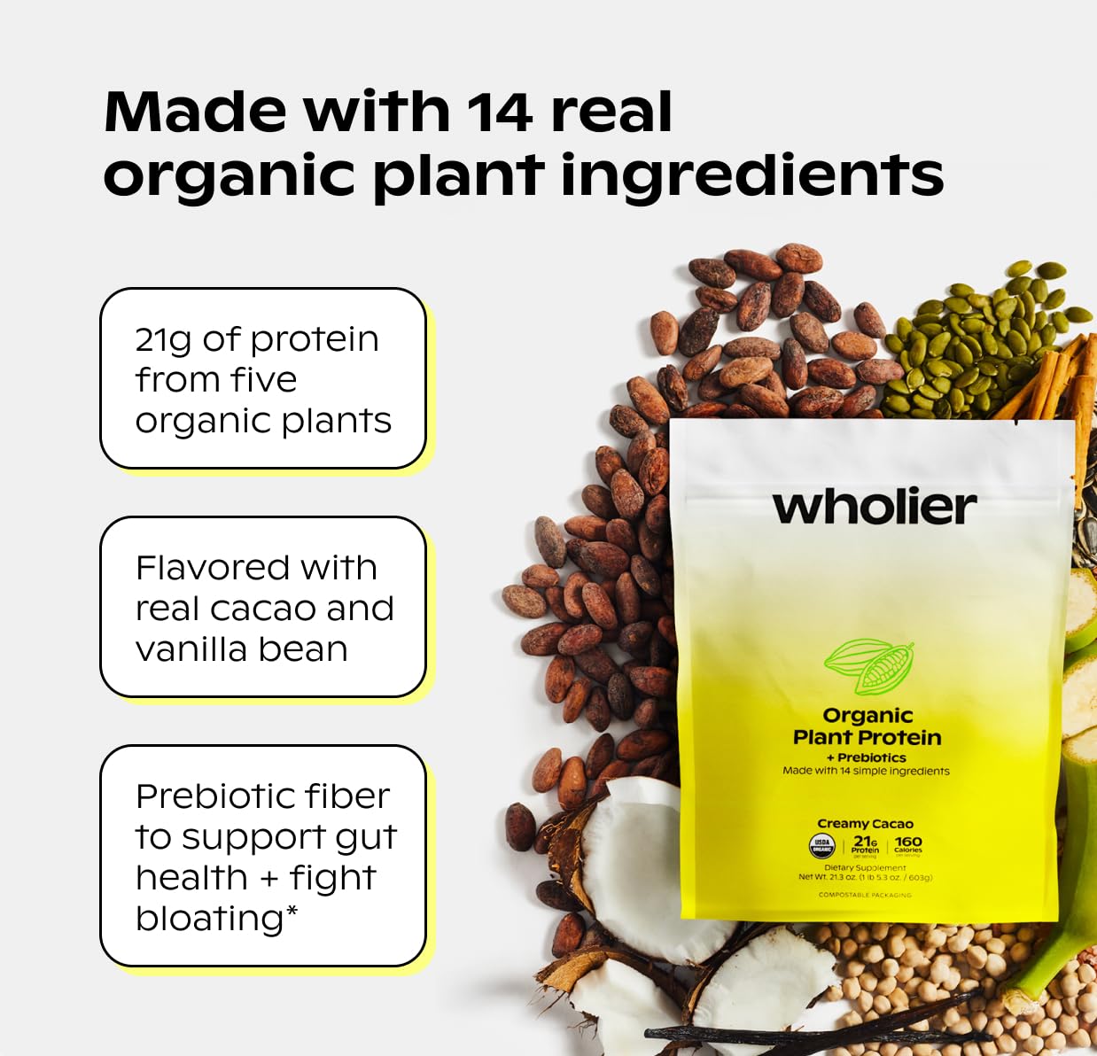 wholier textura del polvo cacao real, mezcla cremosa y sin grumos
