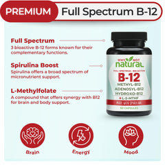 Why Not Natural etiqueta del producto detallando formas de B12 y L-5-MTHF
