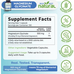 Why Not Natural etiqueta clara indicando 500 mg y 70 mg magnesio elemental