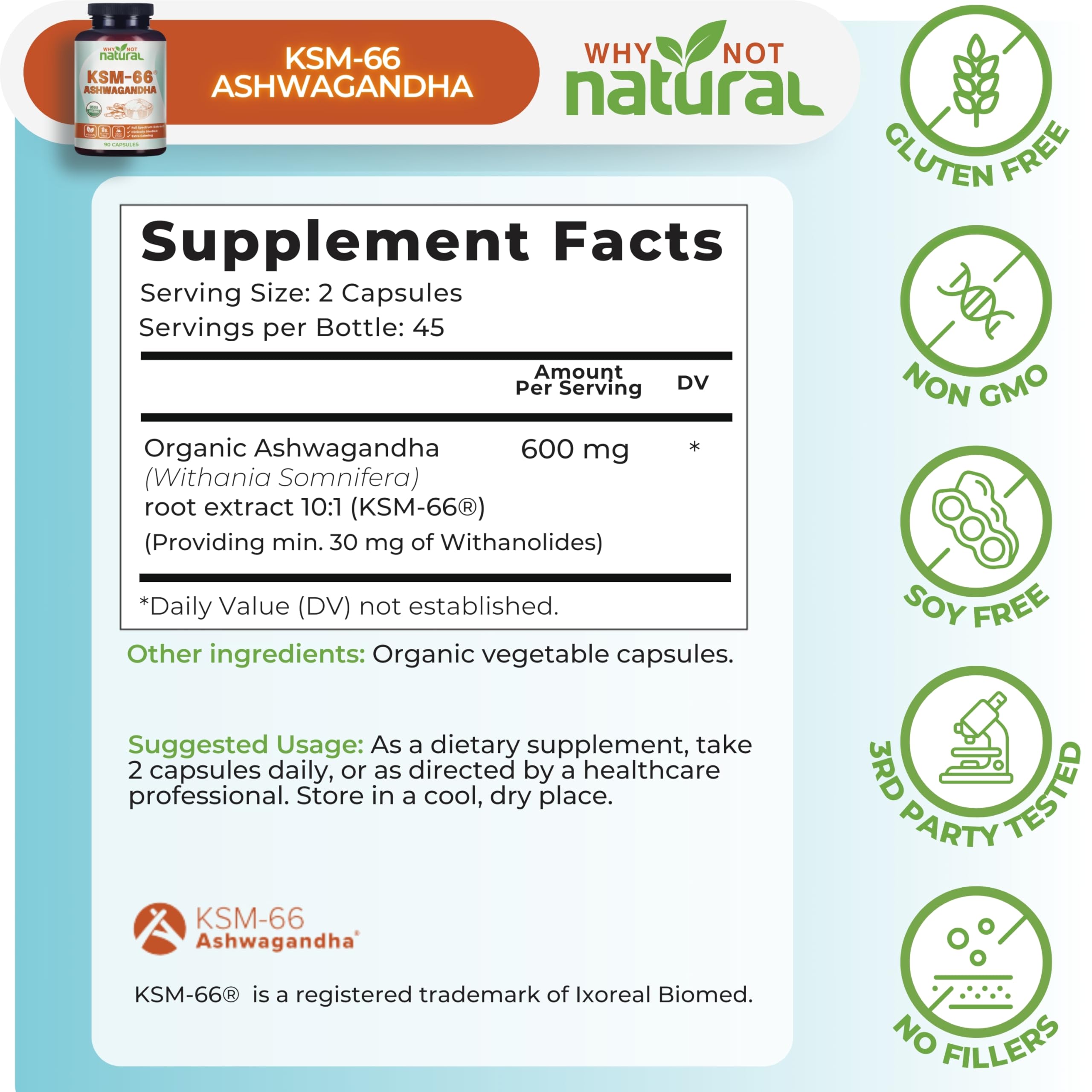 Why Not Natural cápsulas en mano para visualizar tamaño y dosificación
