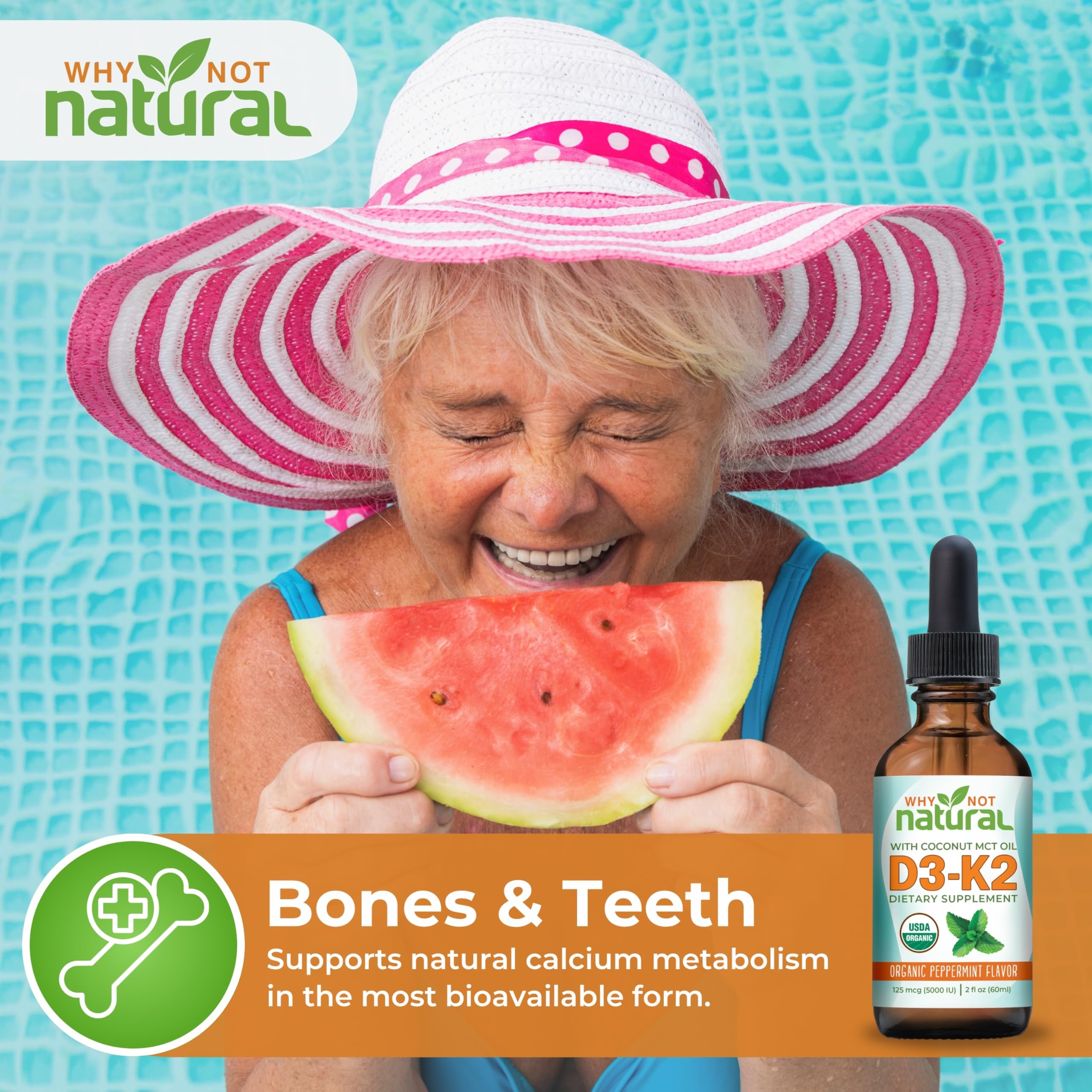 Why Not Natural comparación de tamaño junto a una mano para dosificación
