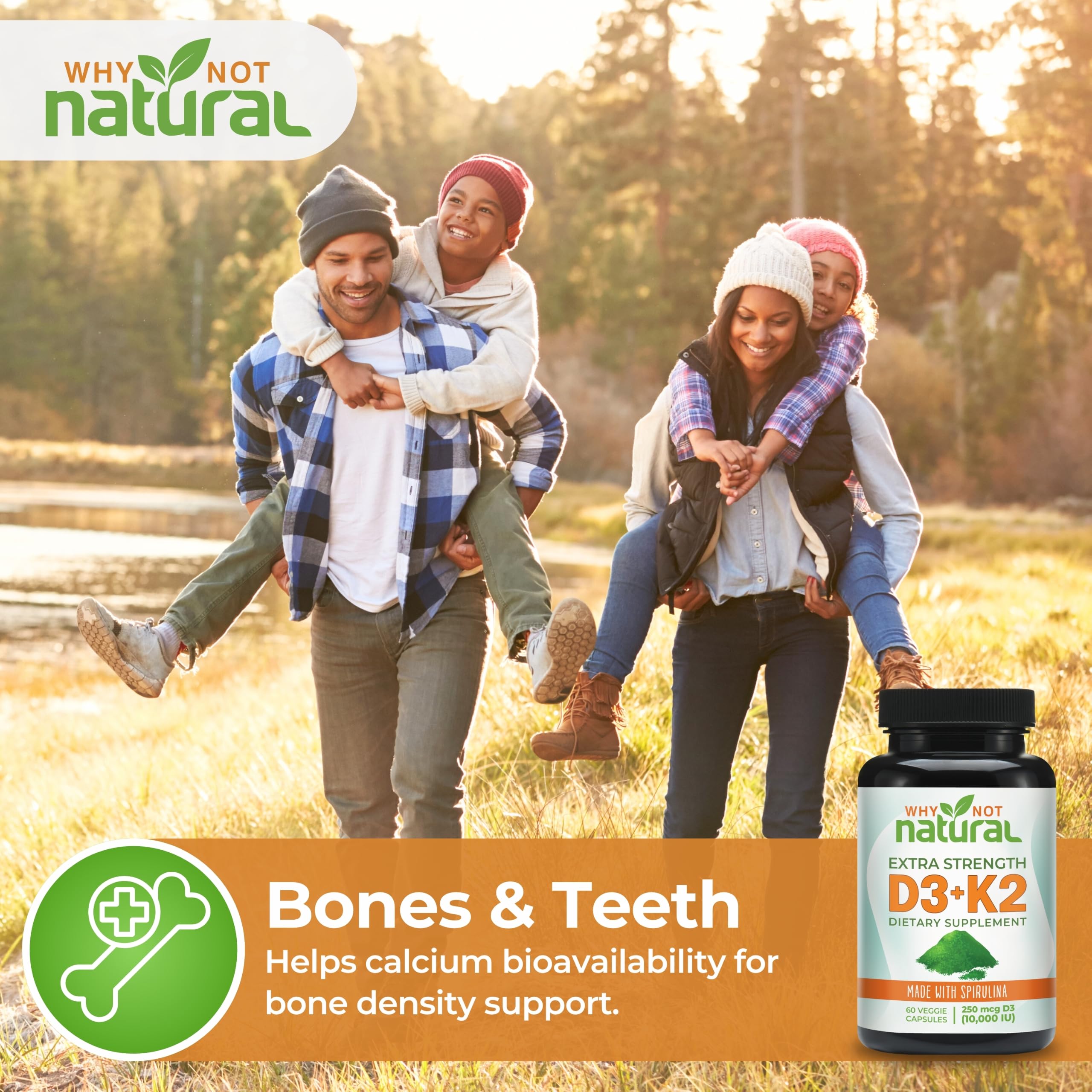 Etiqueta Why Not Natural destacando D3 10000 IU y K2 MK‑7 como ingredientes