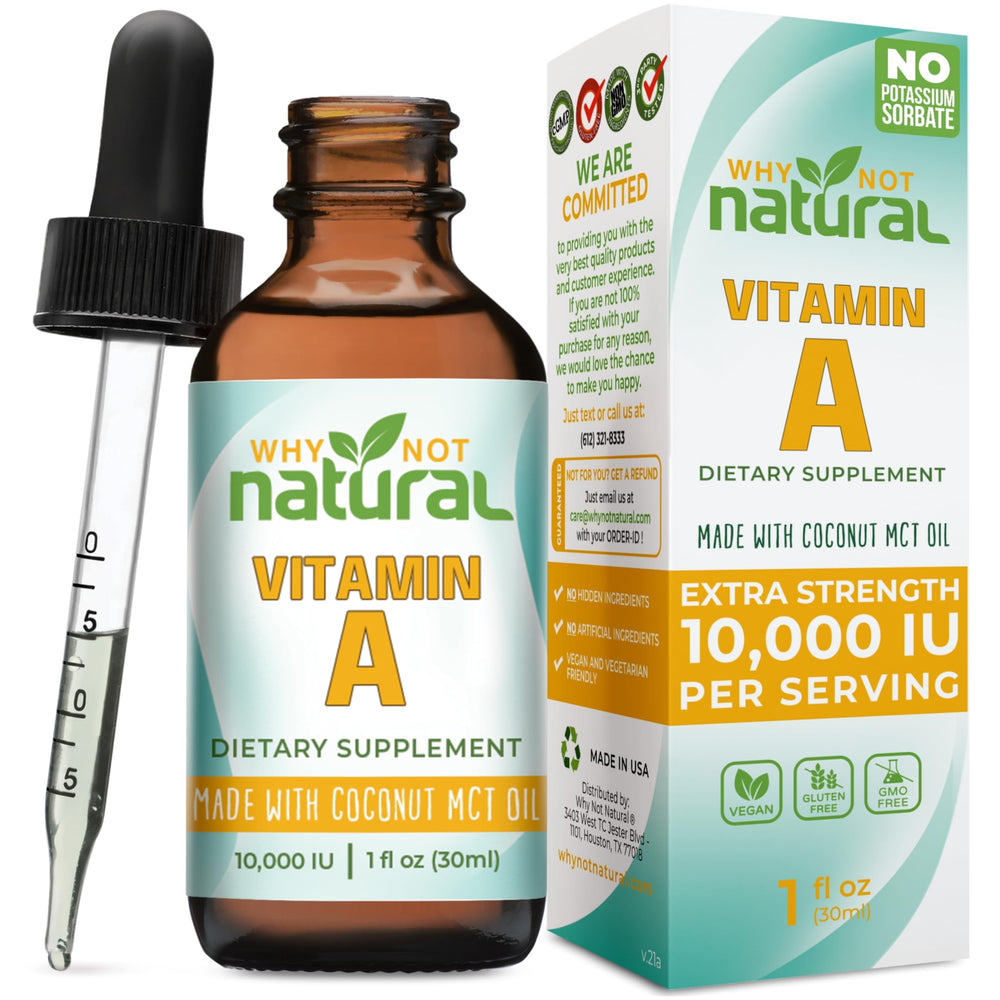 Why Not Natural botella frontal con gotas de vitamina A, práctico para dosificar