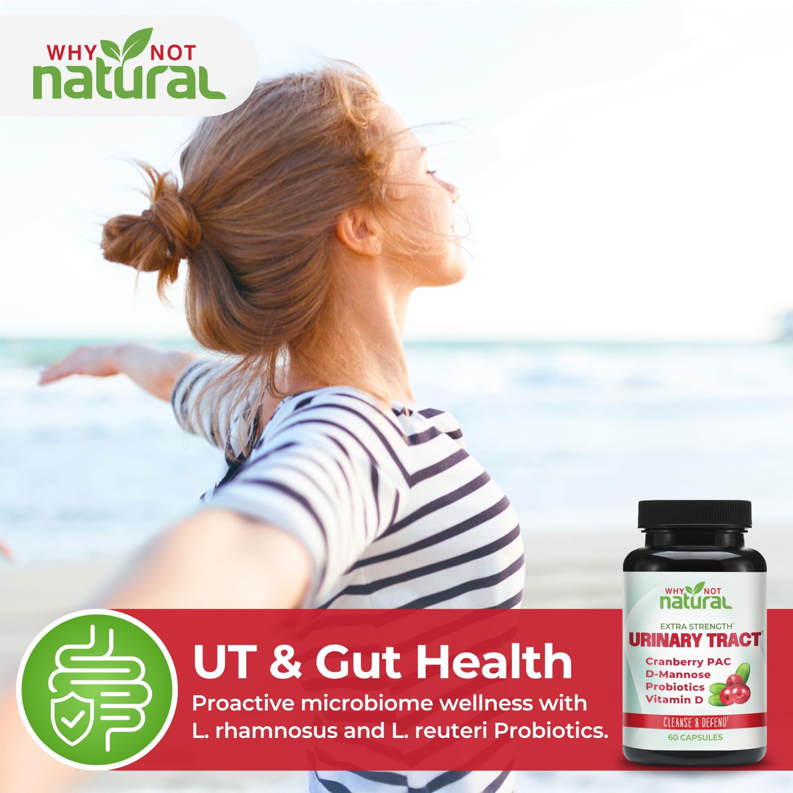 Why Not Natural cápsulas junto a arándanos y probióticos ilustrando ingredientes
