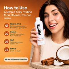 Whyte persona realizando oil pulling para una rutina diaria de higiene