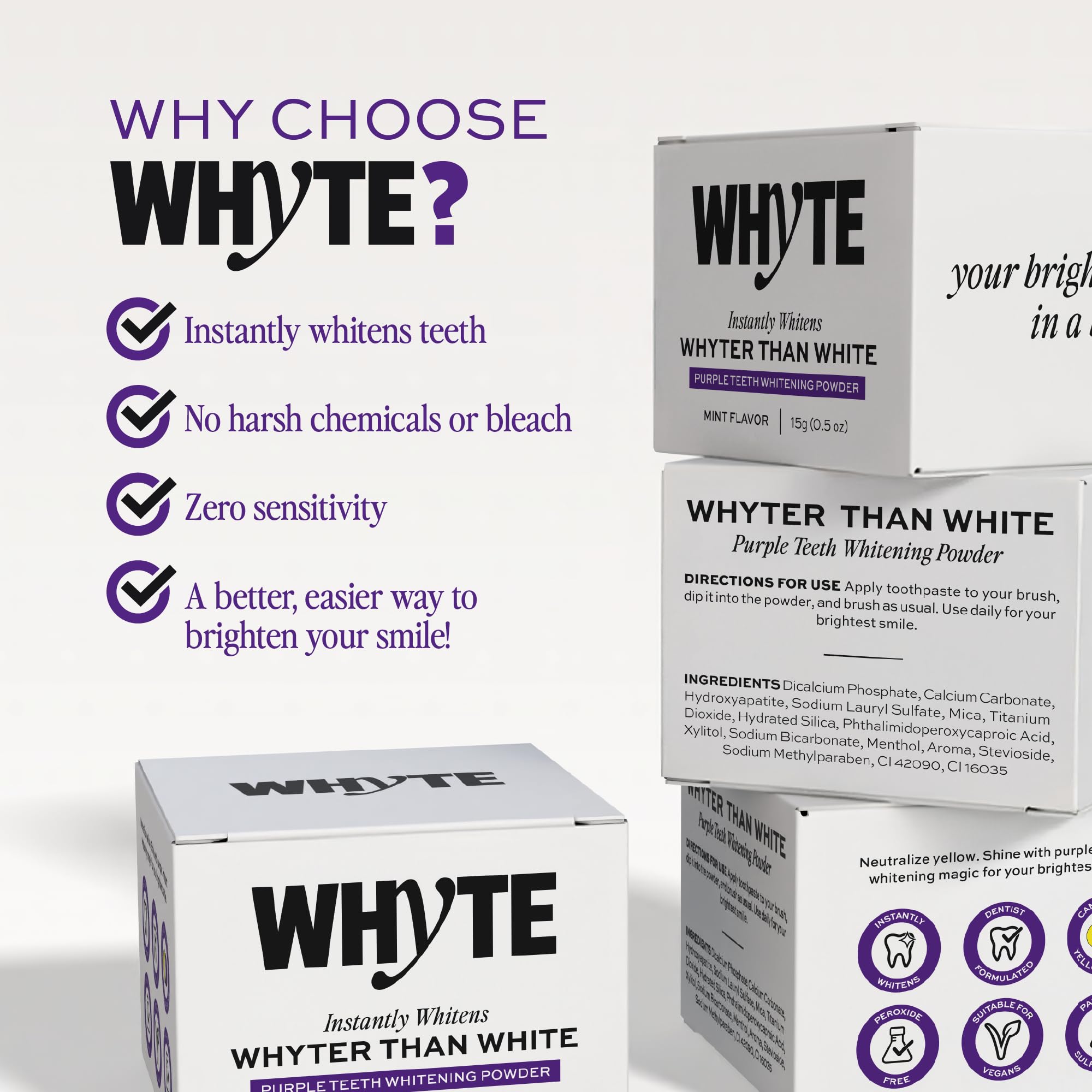 Primer plano de la etiqueta WHYTE mostrando hidroxiapatita y lista de ingredientes beneficiosos