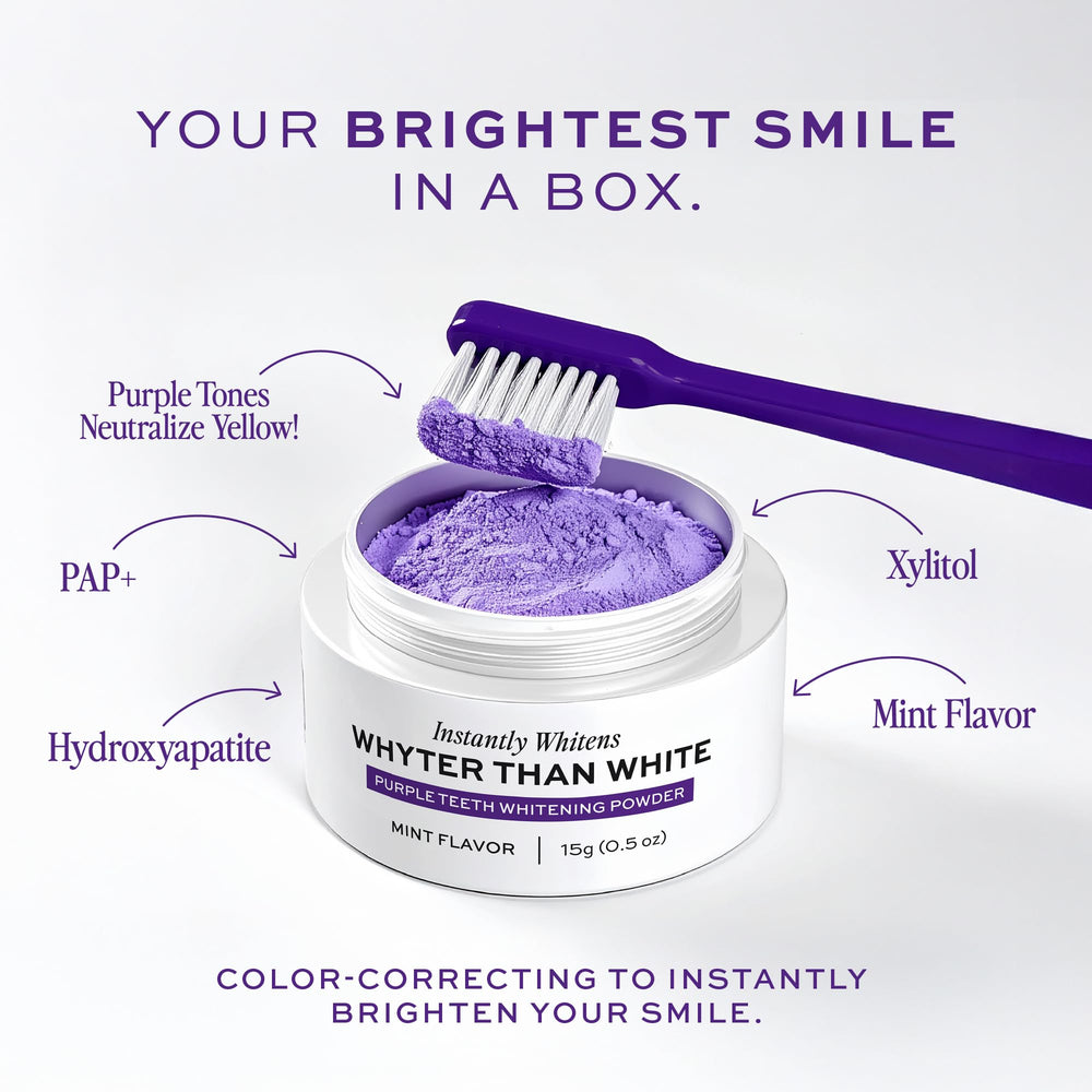 Detalle de la textura en polvo morado de WHYTE que facilita corrección de color y aplicación suave