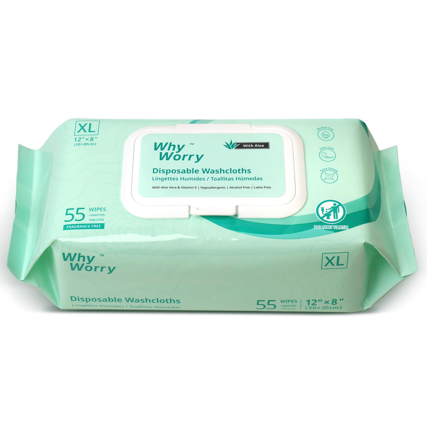 WhyWorry envase frontal mostrando 55 toallitas y beneficios de tamaño