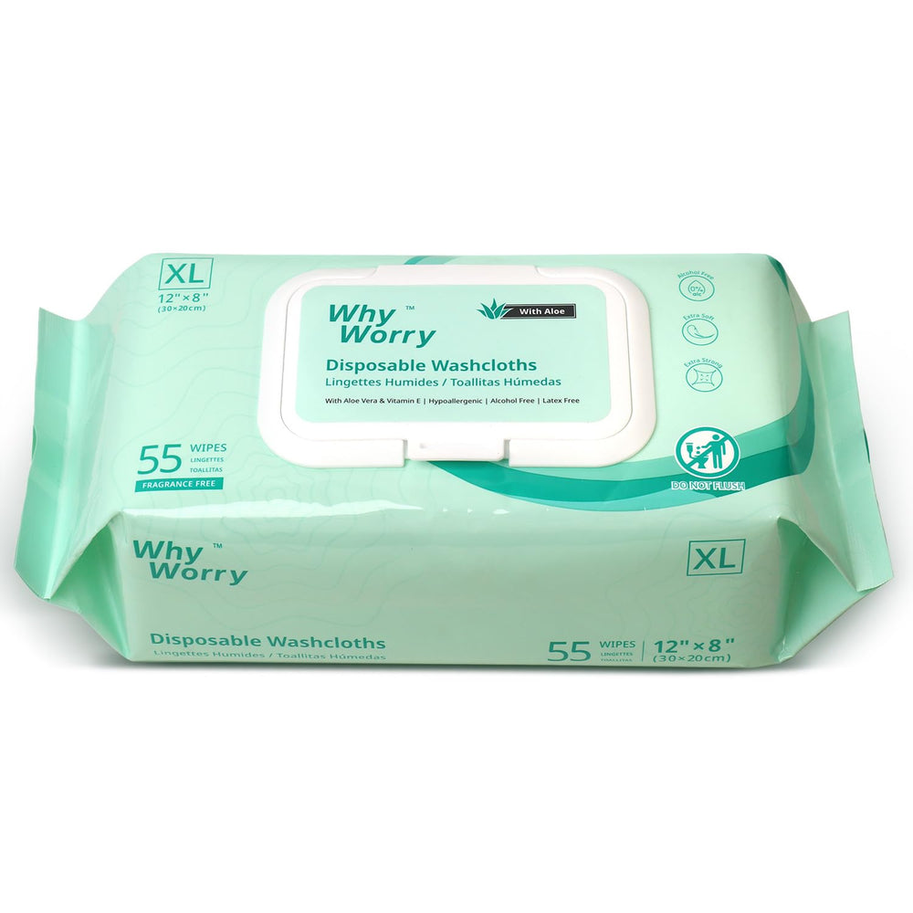 WhyWorry envase frontal mostrando 55 toallitas y beneficios de tamaño