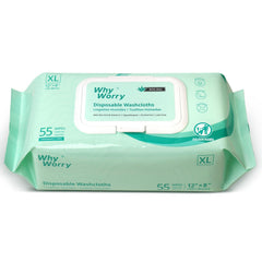 WhyWorry envase frontal mostrando 55 toallitas y beneficios de tamaño