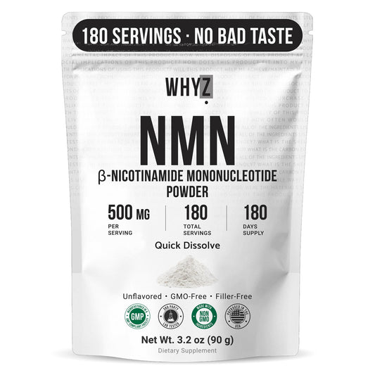 WHYZ envase frontal del NMN en polvo, presentación limpia y profesional